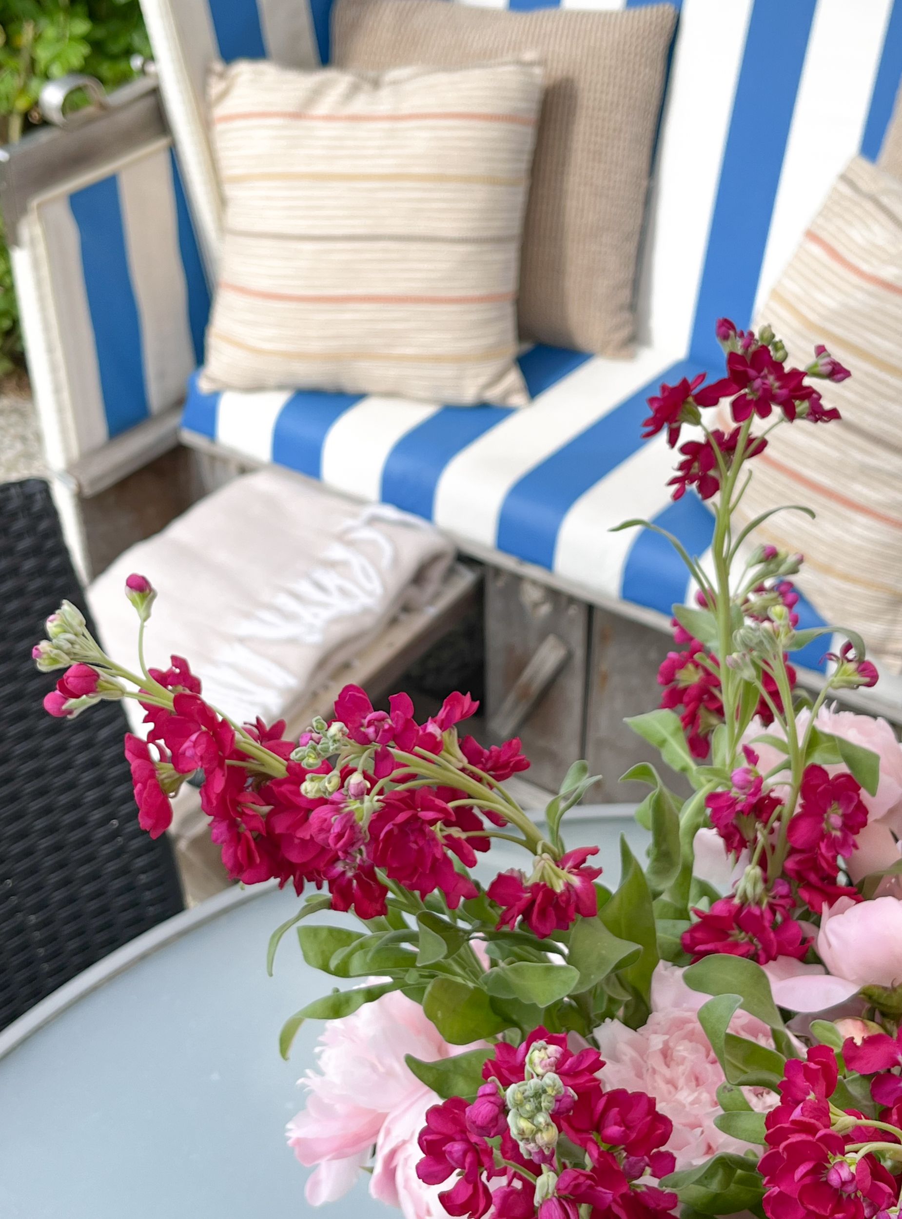 Strandkorb mit Blumen in einer Ferienwohnung auf Sylt