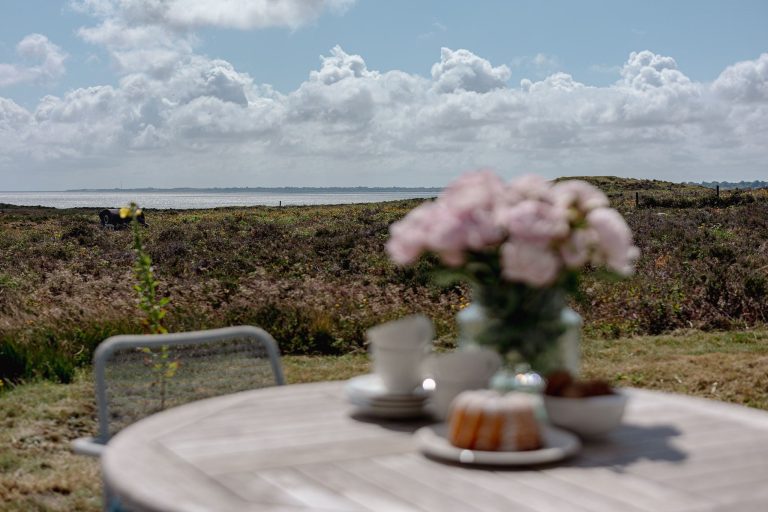 Tisch mit Kuchen und Blumen im Garten einer Ferienwohnung auf Sylt
