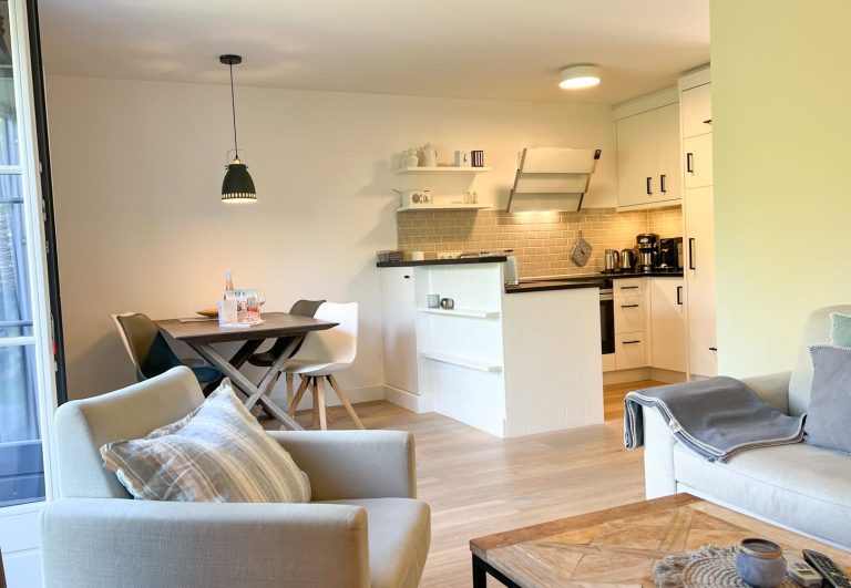 Küche und Wohn- und Essbereich in einer Ferienwohnung auf Sylt